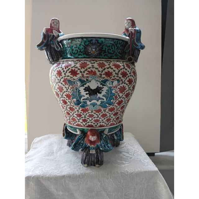 Antique Asian Porcelain Centerpiece Bowl With 5 Sculpted Figurine Handles & Feet For Sale - Image 10 of 16