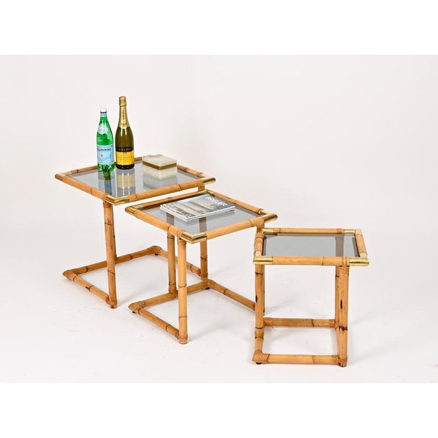 Nesting Tables in Bamboo and Brass, Italy, 1970s, Set of 3 For Sale - Image 11 of 15