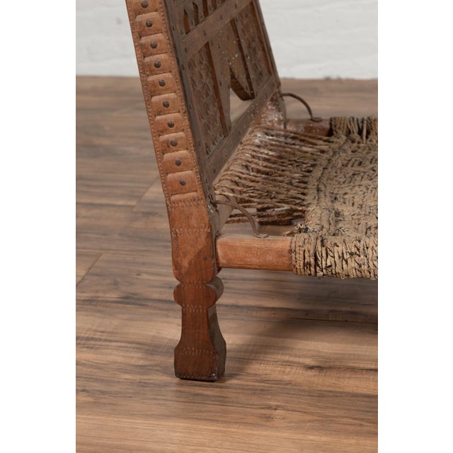 Rustic Indian Low Wooden Chair With Rope Seat and Weathered Appearance For Sale In New York - Image 6 of 16