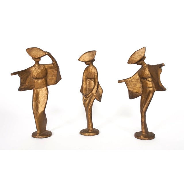 Mid 20th Century Vintage Cast Metal Large Gold Geisha Figurines - Set of 3 For Sale - Image 5 of 10