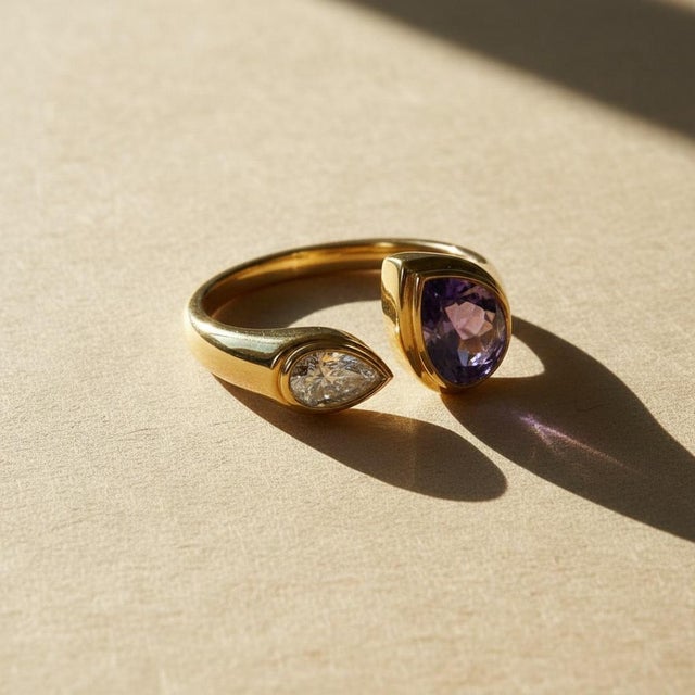 Modern Toi Et Moi Gemstone Ring: Amethyst and Moissanite, Size 7.5 For Sale - Image 3 of 9