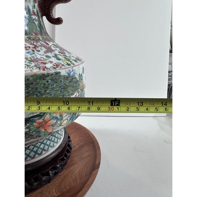 Large 18" Chinese Famille Rose Porcelain Vase With Dragon Handles & Peacocks For Sale - Image 11 of 12