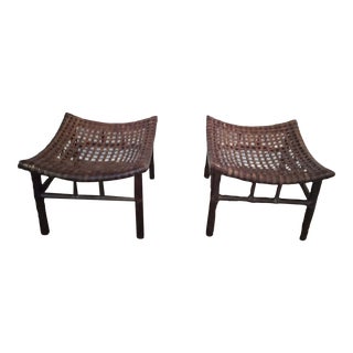 Vintage Antalya Brown Rattan and Leather Woven Bench With Green Cushion - a Pair For Sale