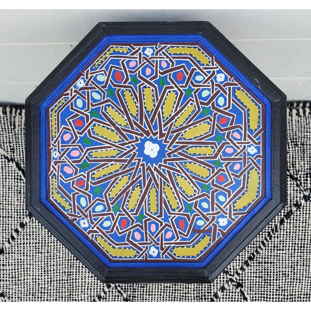 Moroccan Octagonal Hand Painted Wooden Side Table in Blue For Sale In Orlando - Image 6 of 7