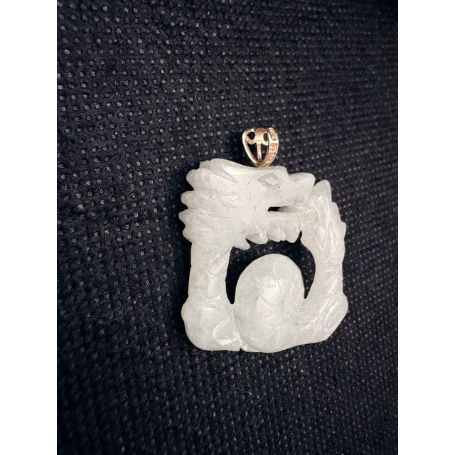14k Gold Pendant of Carved Light Green Jade Dragon With Pearl For Sale - Image 4 of 8