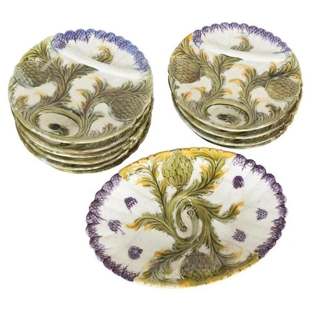 10 French Orchies Faience Majolica Asparagus and Artichoke Plates With Platter For Sale - Image 10 of 10