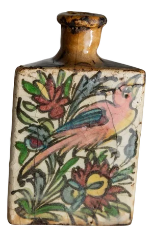Vintage Qajar Dynasty Triangular Handpainted Terracotta Bottle, Iran, 19th Century