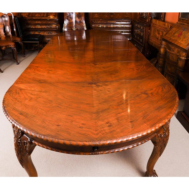 Brown Antique Queen Anne Revival Burr Walnut Dining Table and Chairs, 19th Century, Set of 9 For Sale - Image 8 of 18