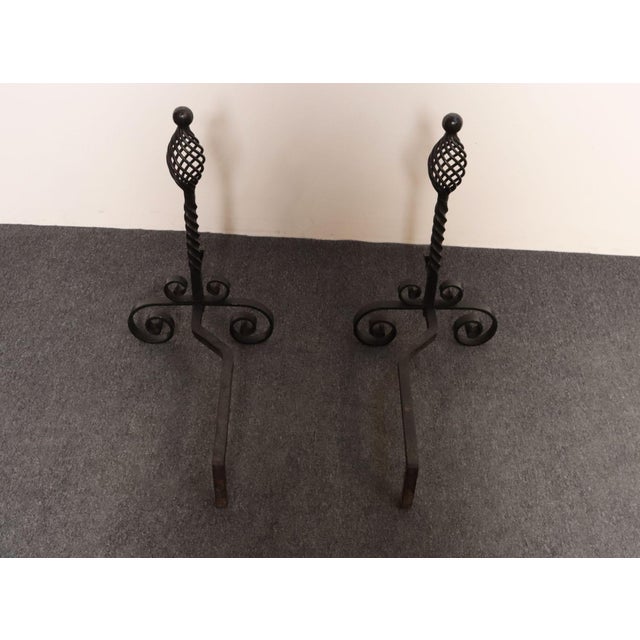 Metal Pair of Gothic Revival Firedogs / Andirons With Basket Twist and Scroll Motif For Sale - Image 7 of 15