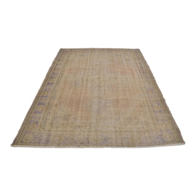 Vintage Distressed Turkish Oushak Rug in Warm Beige, Sand & Muted Lavender For Sale