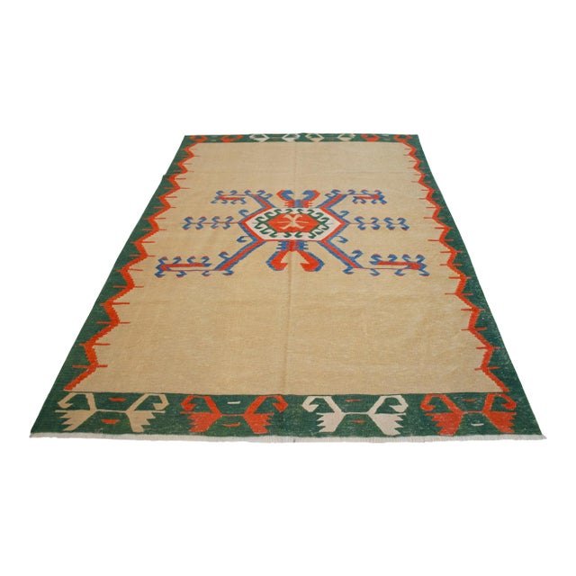 Vintage 6x9 Turkish Rug Kilim Handmade Geometric Tribal Design for Modern Farmhouse Decor For Sale