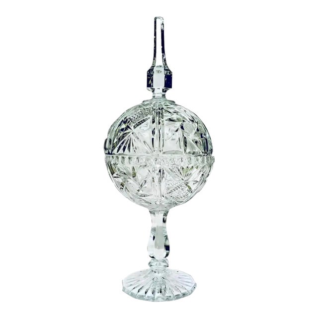 Vintage Cut Lead Crystal Stemmed Bonbonneire Candy Dish With Spire Finial For Sale