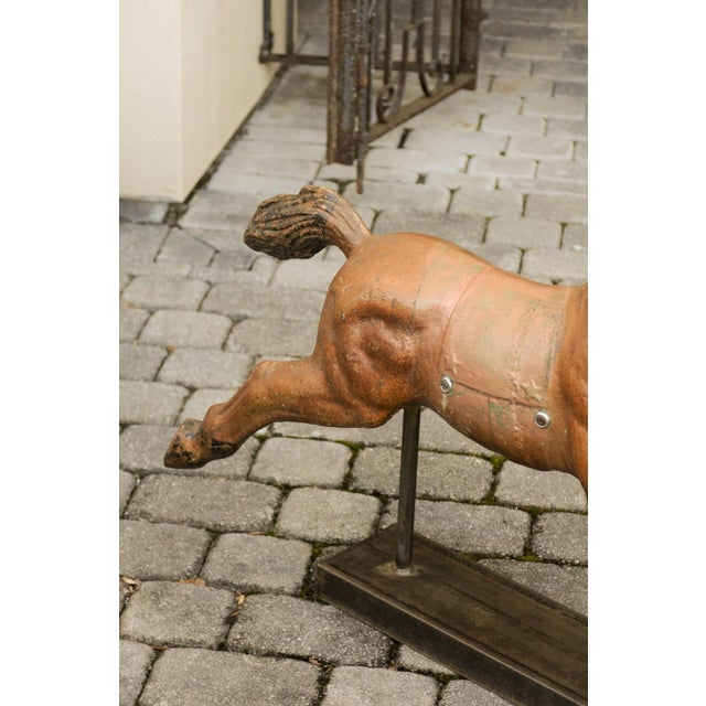 Brown Vintage 1940s Folk Art Painted Iron Child Riding Horse Mounted on Custom Base For Sale - Image 8 of 12