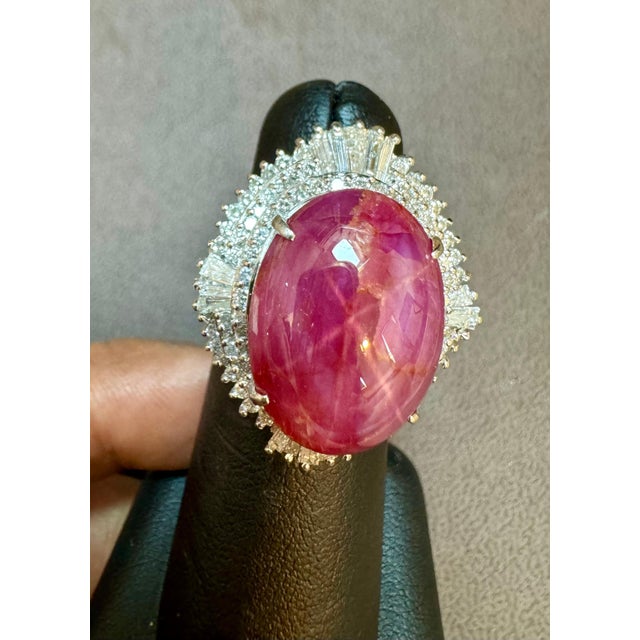 Gemstone Vintage 21 Ct Star Oval Natural Ruby Cabochon & 2.45 Ct Diamond Ring , Platinum For Sale - Image 7 of 18