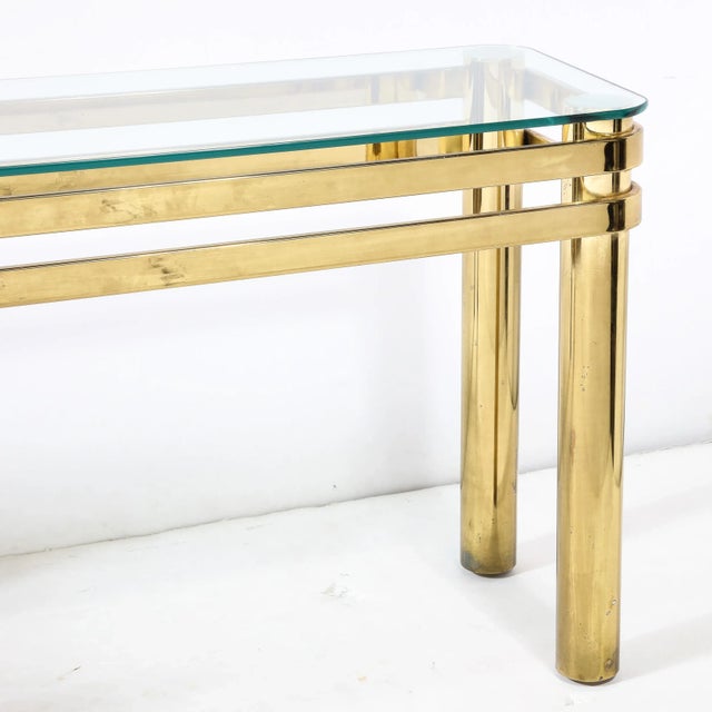 Mid-Century Modern Mid-Century Modernist Banded Brass Console Table With Column Supports For Sale - Image 3 of 12