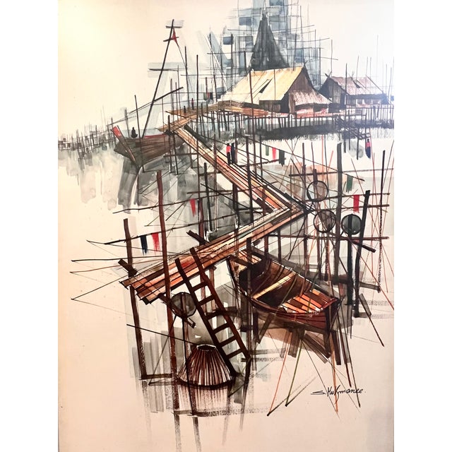 Mid-Century Modern 1960s Mid-Century Modern Thai Fishing Village Original Watercolor Painting by Sanga Mukmanee - Framed For Sale - Image 3 of 15