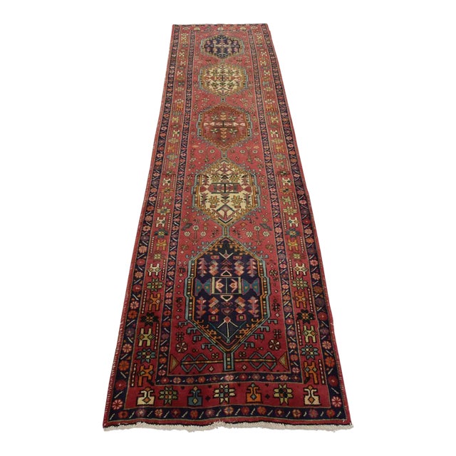 Karajeh Runner 3’3” X 11’4” Red Wool Semi-Antique Tribal Hand-Knotted Rug For Sale
