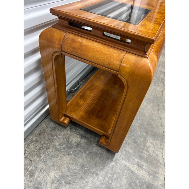Vintage Mid 20th Century Ming Style Burl Wood Console Sofa Table With Glass Panels For Sale - Image 11 of 11