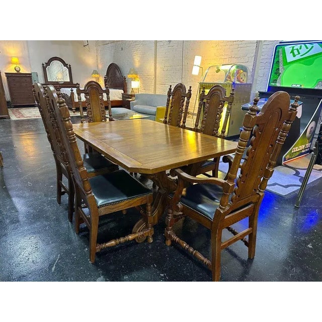 Spanish Henry Link 'Majorca' Spanish Style Carved Oak Dining Chairs With Leather Seat Upholstery - Set of 6 - Vintage Mid 20th Century For Sale - Image 3 of 8