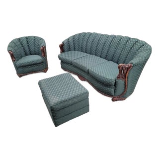 Art Deco Carved Ornate Channel Back Curved Sofa, Lounge Chair and Ottoman for Reupholstery - Set of 3 For Sale