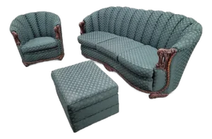 Art Deco Carved Ornate Channel Back Curved Sofa, Lounge Chair and Ottoman for Reupholstery - Set of 3