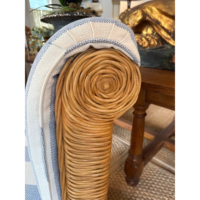 1980s Woven Rattan Slipper Chairs in Blue and White Stripe For Sale - Image 4 of 4