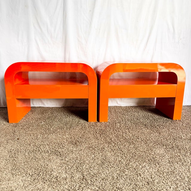 Tangerine Postmodern Tangerine Orange Lacquer Laminate Waterfall Nighstands/Side Tables For Sale - Image 8 of 8