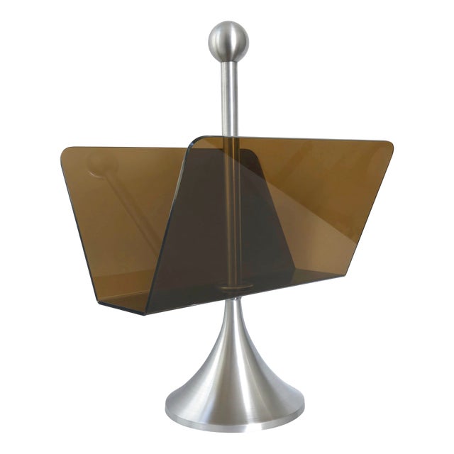 Vintage Magazine Rack in Brushed Steel and Acrylic Glass, 1960s For Sale