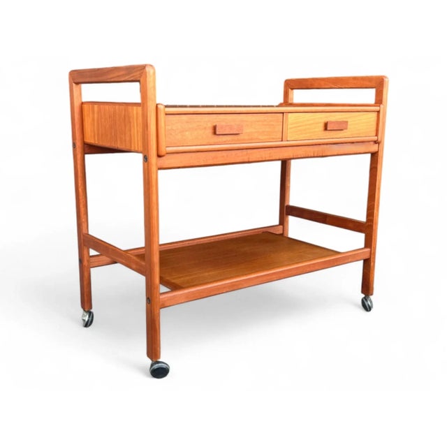 1960s Danish Modern Teak Bar Cart – Restored Two-Tier Design With Drawers and Casters For Sale - Image 18 of 18