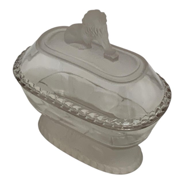 Antique Gillinder Sons 8.5" Frosted Lion Oval Covered Glass Dish Made in America c. 1876–1900. Approximately 8 1/2" High...