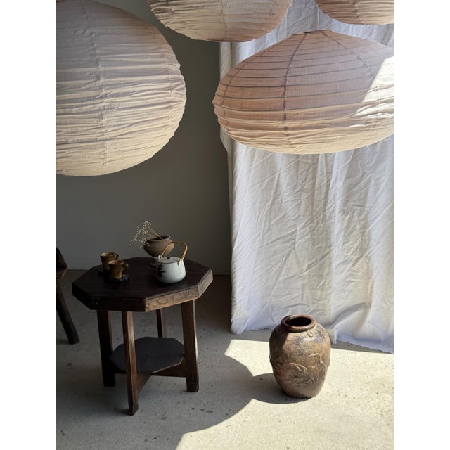Textile Japanese-Style Round Pink Rattan and Natural Linen Pendant Light For Sale - Image 7 of 18