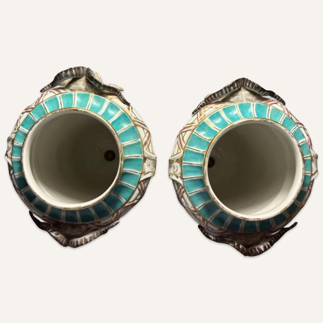 English Matched Pair of Late 19th Century KPM Porcelain Covered Urns With Applied Decoration For Sale - Image 3 of 6