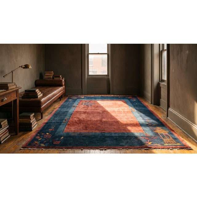 Raspberry Red 1920s Red Raspebery Floral Antique Chinese Art Deco Rug 9'4" X 11'4" Hand Knotted Wool Carpet For Sale - Image 8 of 9