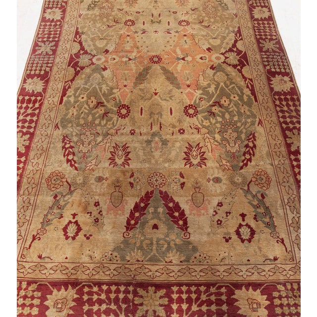 Peach Antique 1880s Turkish Hereke Rug with Floral and Botanical Motifs in Soft Beige, Coral, and Crimson For Sale - Image 8 of 9