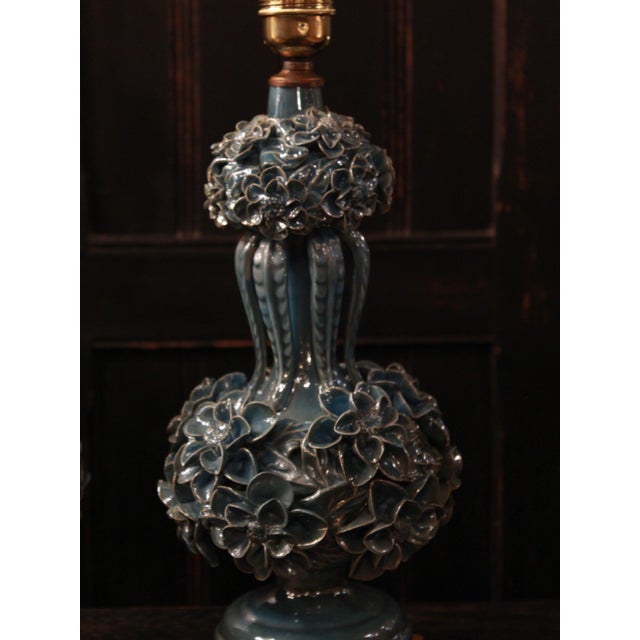 Iridescent Light Blue Lamps with Floral Design from Manises, 1970s, Set of 2 For Sale - Image 4 of 5
