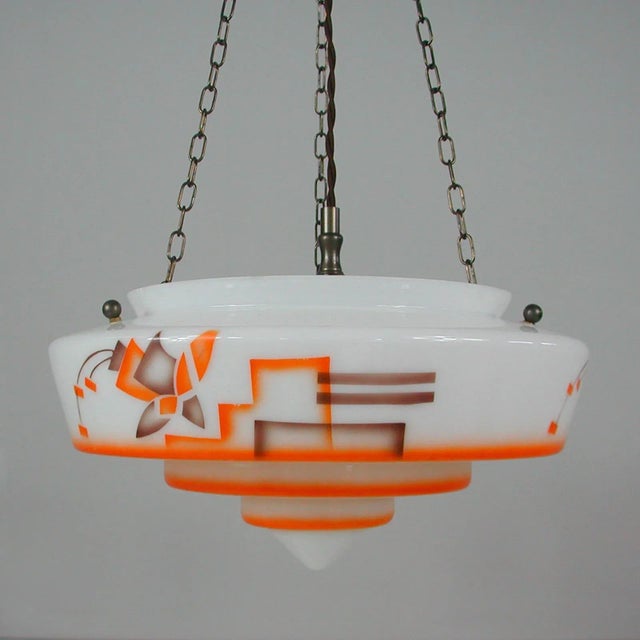 German Art Deco Pendant Lamp in Enameled Glass and Brass, 1930s For Sale - Image 9 of 18
