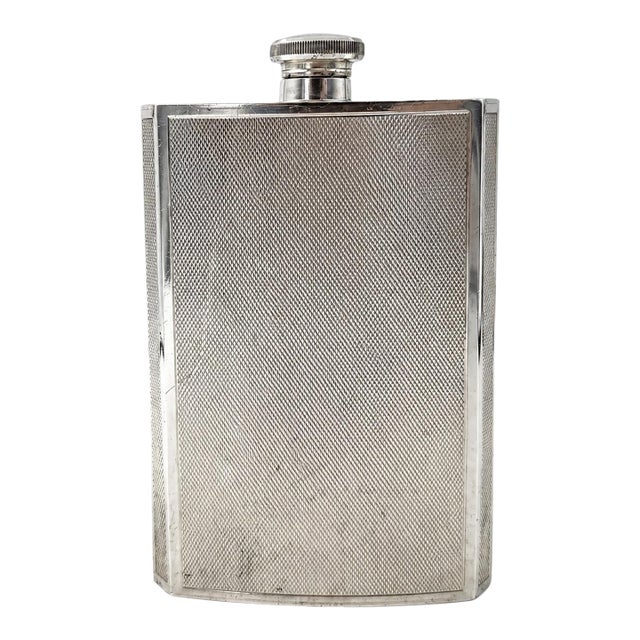 Antique Asprey London Silver Plate Engine Turned 8oz. Hip Flask Made in England For Sale