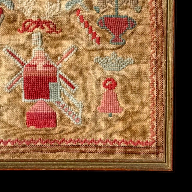 Antique English Needlework Sampler W/ House Motif, Framed Wall Art For Sale In San Diego - Image 6 of 8