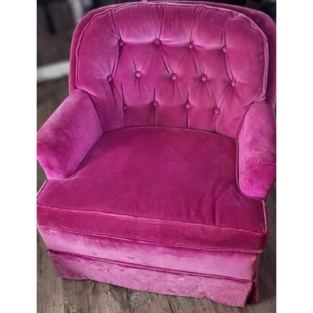 W. & J. Sloane Pair of W. & J. Sloane Vintage MCM Fuschia Pink Velvet Swivel-Rocker Chairs For Sale - Image 4 of 5