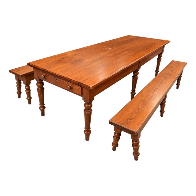 Louis Philippe Farmhouse Pitchpin Table and Benches, 1950s, Set of 3 For Sale