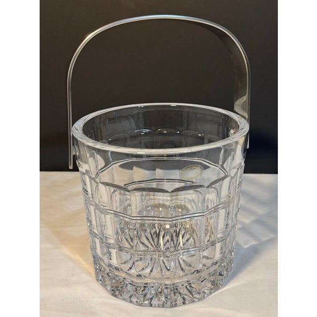 Vintage Slovenia Crystal Window Pane Pattern Ice Bucket Nickel Metal Handle For Sale - Image 10 of 11