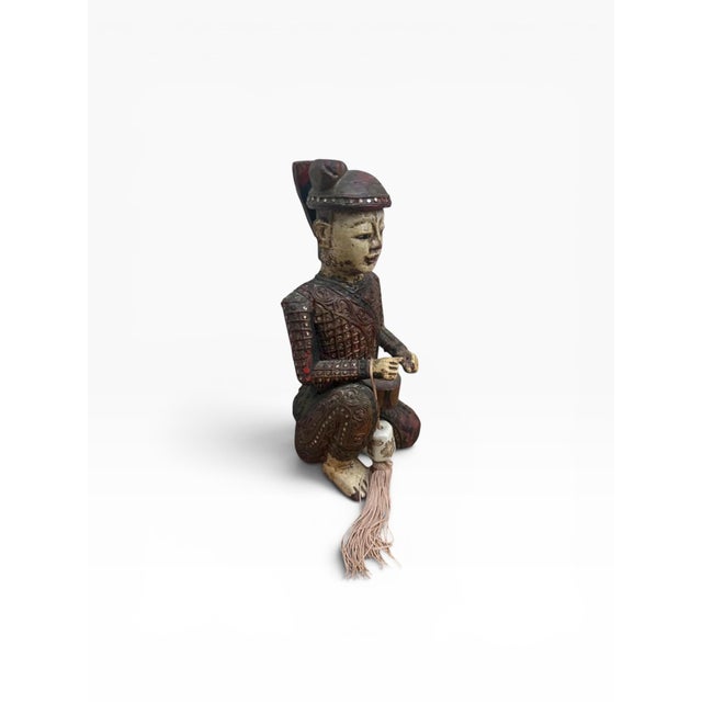 Wood Mid 20th Century Hand-Carved Chinese Figural Sculpture of Seated Musician With Drum For Sale - Image 7 of 14