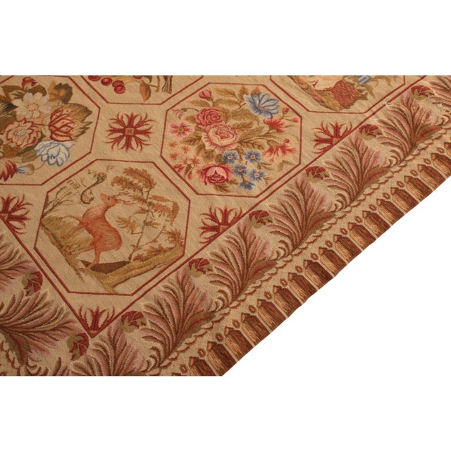 1980s 1920s Handmade Antique Needlepoint Rug in Beige-Brown Floral Pictorial Pattern For Sale - Image 5 of 6