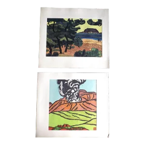 Vintage Folio Size Mid 20th C. Fauvist Japanese Lithographs of Japanese Landscape Woodblock Prints - a Pair
