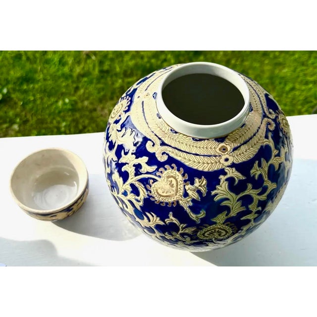 Ceramic Cobalt Blue and Gold Lidded Ginger Jar For Sale - Image 7 of 11