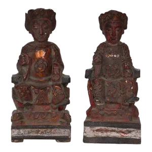 Antique Chinese Emperor and Empress Wooden Statues