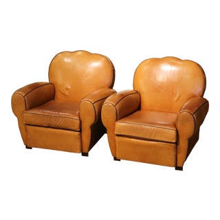 Pair of Mid-Century French Carved Club Armchairs With Original Tan Leather For Sale