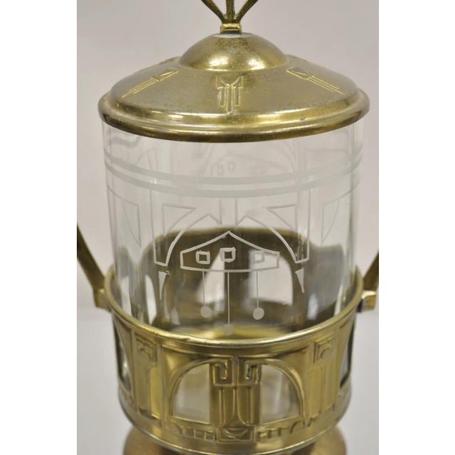 Antique German Art Nouveau Brass Metal Pickle Castor With Etched Glass Insert For Sale In Philadelphia - Image 6 of 11