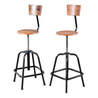 Industrial Height-Adjustable Bar Stools by L Sautereau, 1950s, Set of 2 For Sale