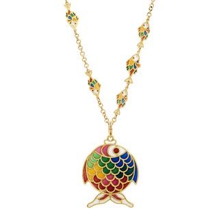 Vintage Plique a Jour Fish Necklace 18k Yellow Gold 26" Chain For Sale